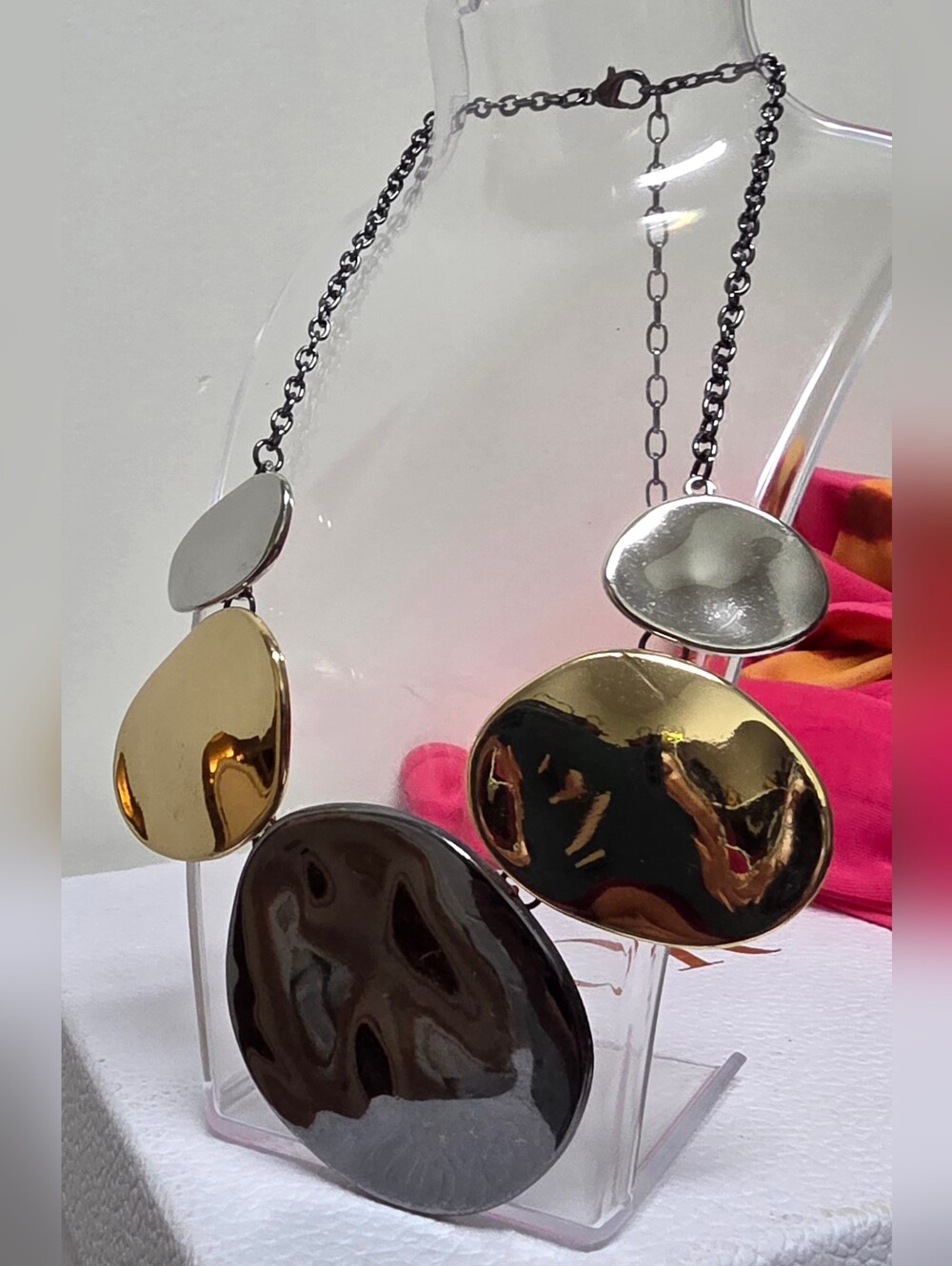 Three Tone Metal Disc Statement Bib Necklace